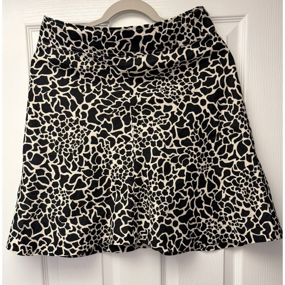Merona Womens giraffe Print 100% Linen Flare Lined Skirt Black Tan Side Zipper 2